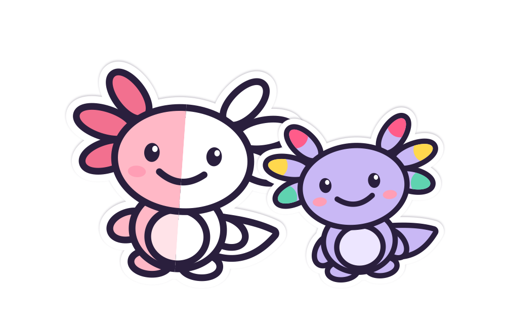 Pip, a pink axolotl half coloured in, and Mip, a lilac axolotl with paint on the tips of their gills