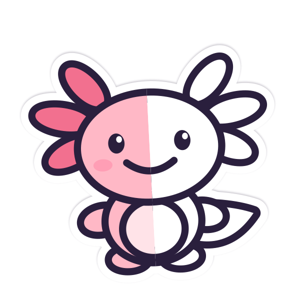 Pip, a pink axolotl, half coloured in