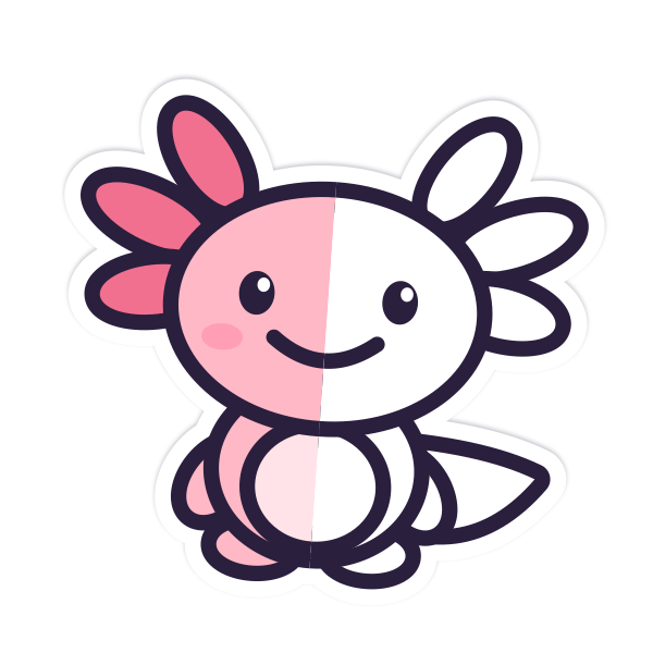 Pip, a pink axolotl, half coloured in